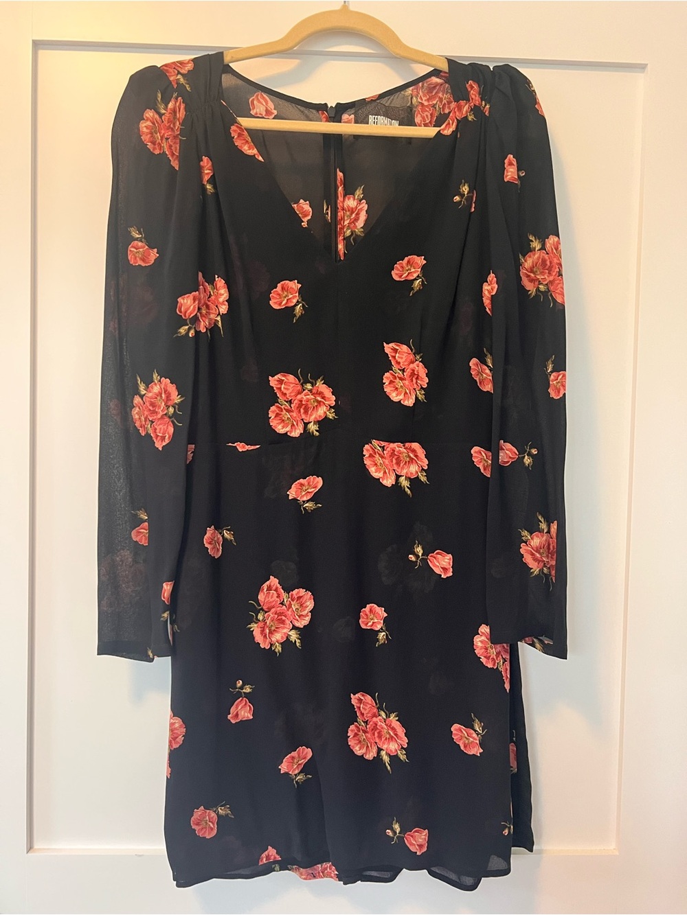 Reformation Black Long-Sleeve Mini Dress with Coral Pink Floral Print